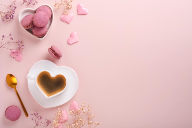 Valentines Day card. Pink empty envelope, macaron macaroon cookie and heart shaped coffee cup on pink background. 8 March, Womens Mothers Valentines Day, Birthday. Flat lay, top view, copy space.
