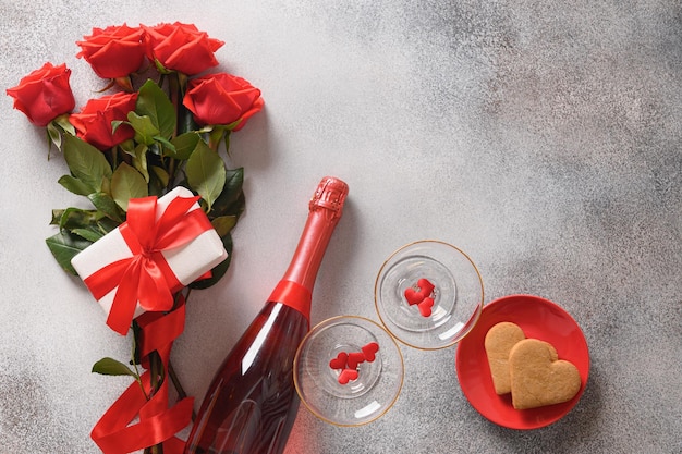 Valentines day card sparkling wine romantic gift and heart shaped cookies