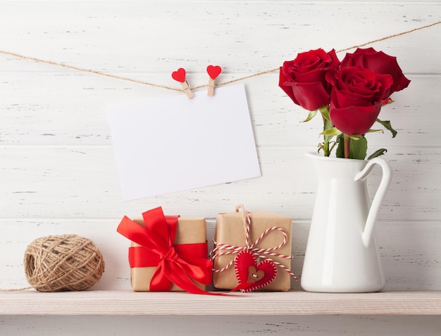 Valentines day card with gifts and flowers