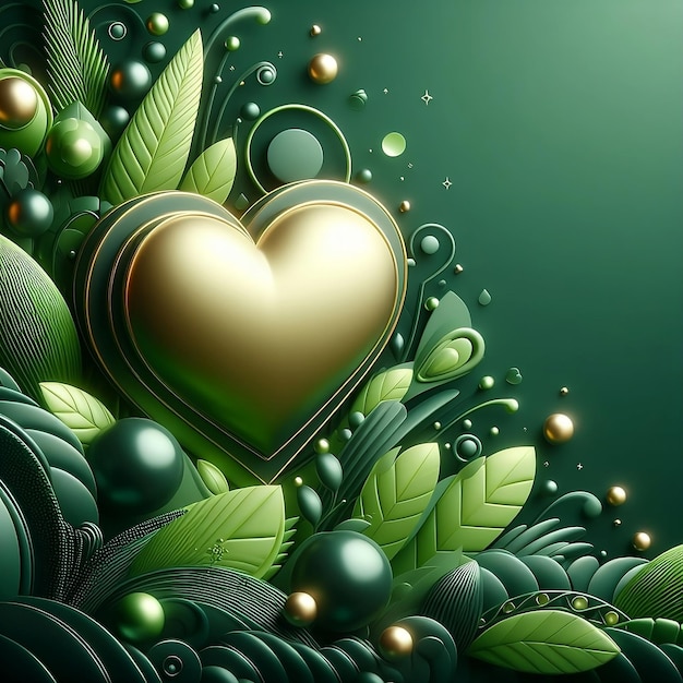 Valentines Day card with heart and design with realistic green decoration with space for copy