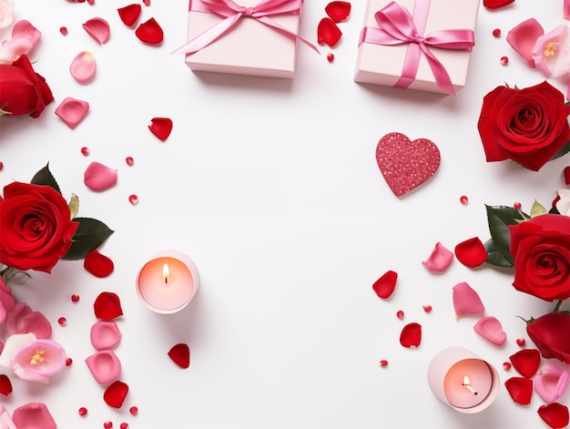 valentines day celebration gifts candle confetti envelope on pastel blue background flat lay