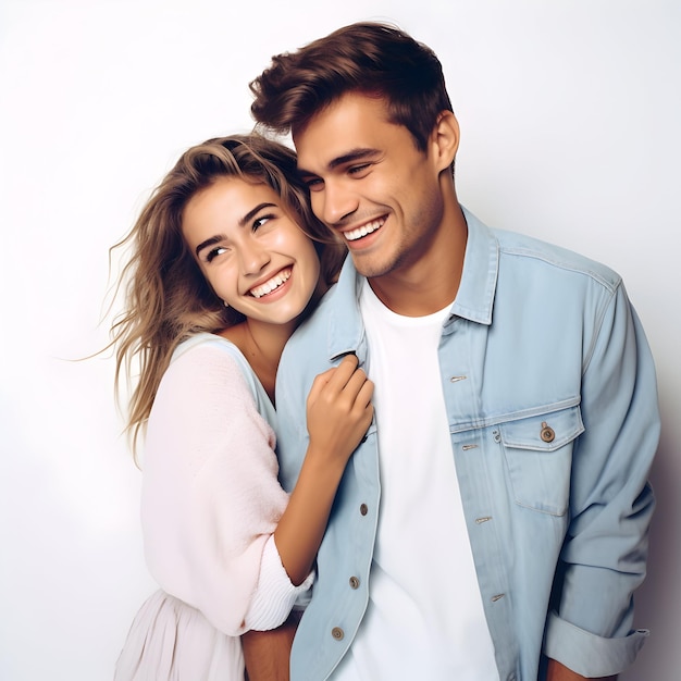 valentines day celebration Happy girlfriend and boyfriend embrace with love on white background