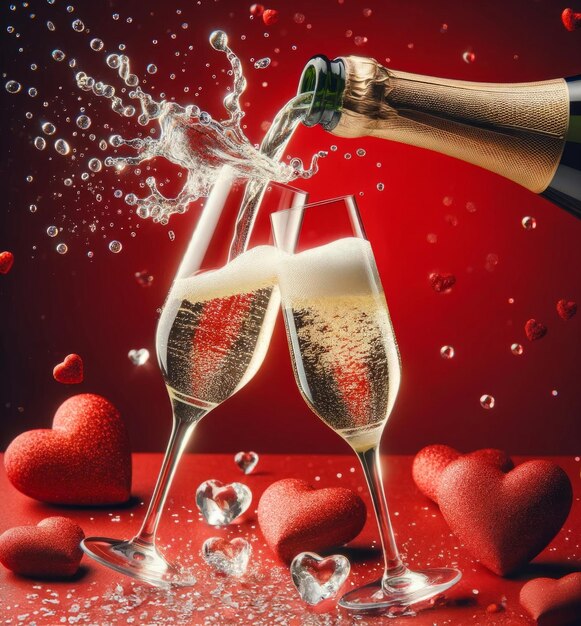 Valentines day celebration with champagne splash in elegant glasses heart decorations background