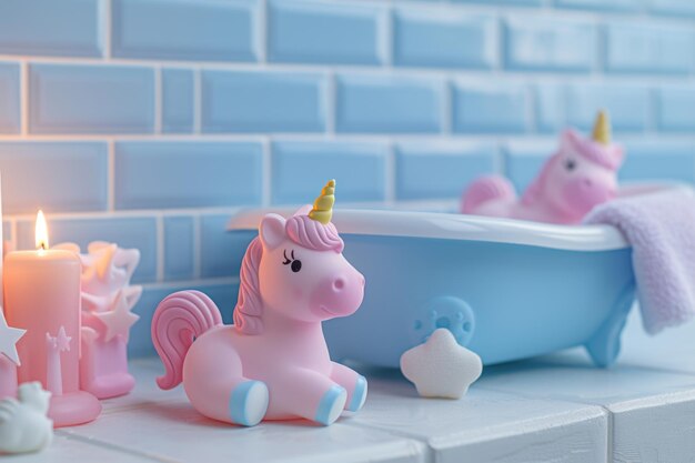 Valentines Day celebration with mini bathtub and unicorns