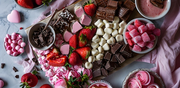 A Valentines Day charcuterie board is arranged with sweets strawberries chocolate