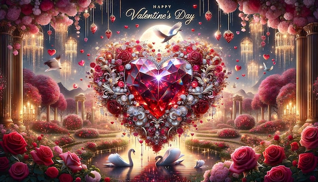 Valentines day chic fairy greeting card with swans diamonds glowing jeweler hearts with text