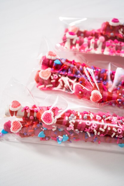 Valentines day chocolate covered pretzel rods