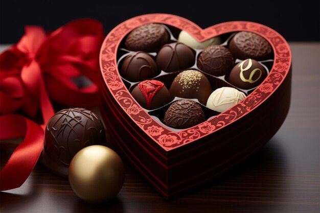 Valentines Day chocolate gift box on a dark wooden table