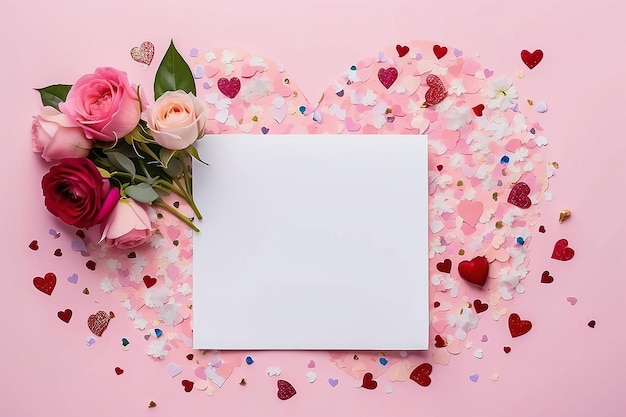 バレンタインデーの組成花とハート型のバレンタイン カード紙吹雪がピンクの背景の上の境界線に置かれました。