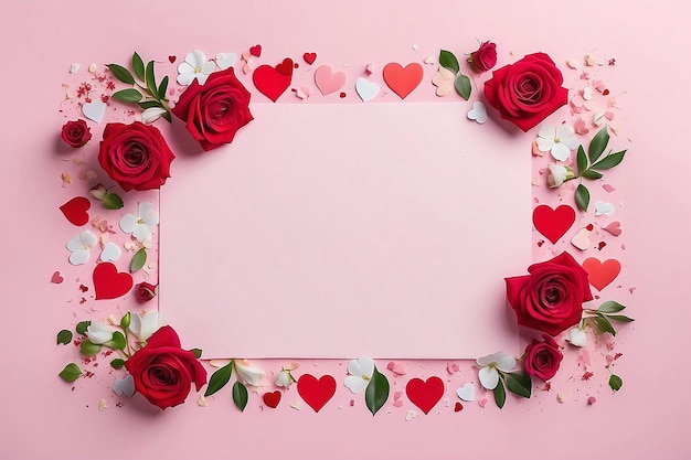 バレンタインデーの組成花とハート型のバレンタイン カード紙吹雪がピンクの背景の上の境界線に置かれました。