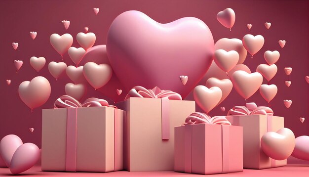 valentines day concept 3D heart shaped balloons flying with gift boxes ai generated image