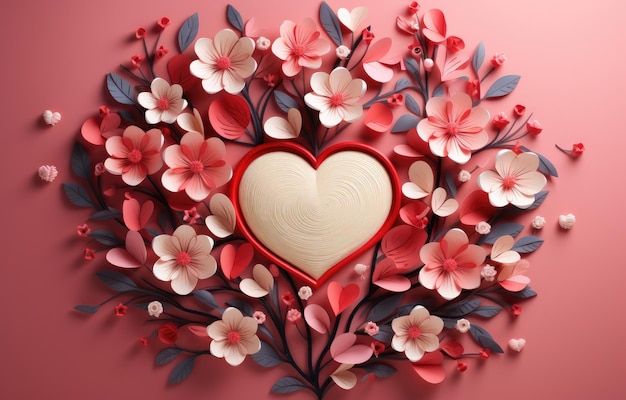 Photo valentines day concept background 3d red hearts and paper cut flowers cute love sale banner or greeting