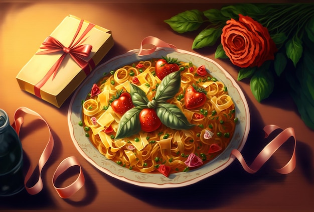 Концепция Дня святого Валентина крупным планом тарелки с макаронными подарками, цветами и овощами