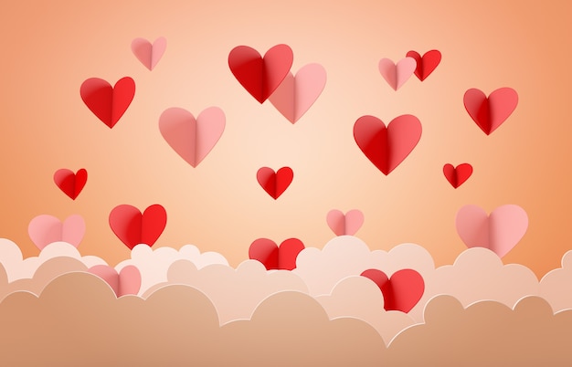 Valentines day concept, clouds and hearts with warm background