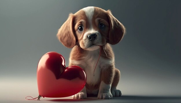 Valentines day concept Cute puppy dog with a love heart balloon Generative Ai