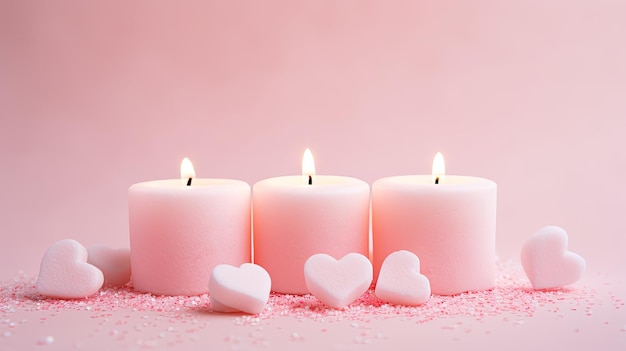 the Valentines Day concept featuring heartshaped marshmallow candles and sprinkles meticulously arranged on an isolated light pink background providing copyspace for creative elements or text