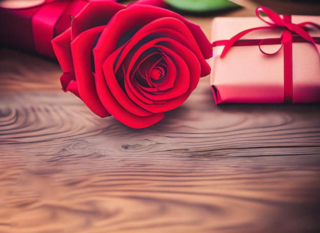 Photo valentines day concept fresh red roses and gift box on wooden table