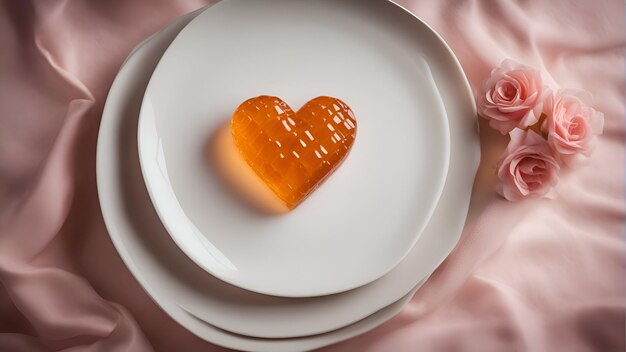 Valentines day concept with heart shape on plate and flowers