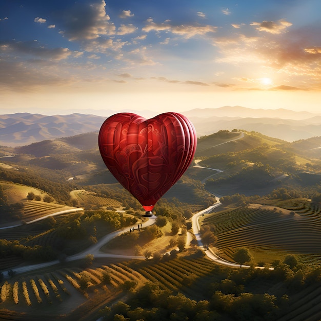 Foto il concetto del giorno di san valentino con una mongolfiera a forma di cuore che vola sopra il paesaggio
