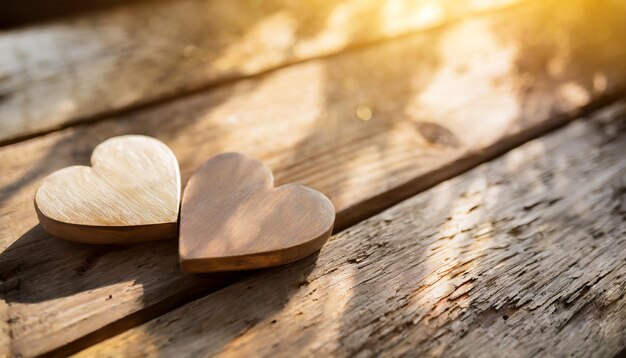 valentines day concept with two wooden hearts on a rustic table bathed in warm sunlight evoking lo