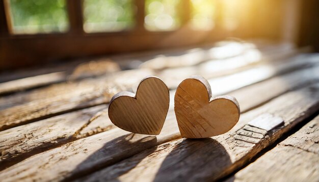バレンタインデーコンセプト - 2つの木製のハートと暖かい太陽の光に浴びた田舎のテーブルに