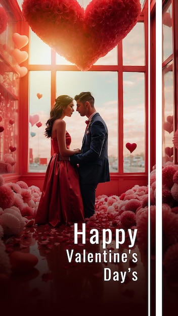 Photo valentines day couple and big heart background with text space