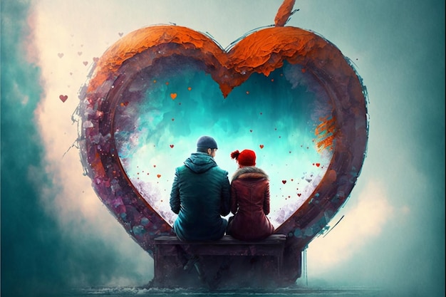 День Святого Валентина влюбленная пара сидит сердцем на спине Generative Ai