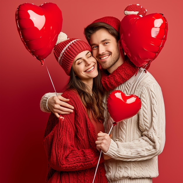 Дня святого Валентина пара с сердечными воздушными шарами прекрасная пара