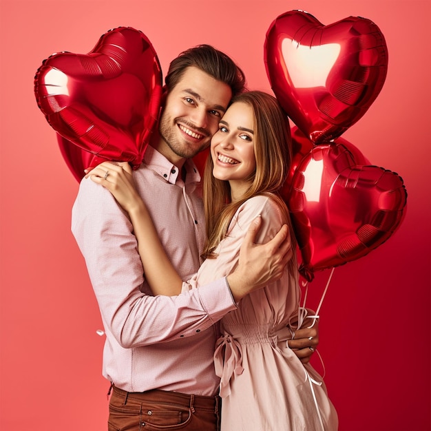 Foto la coppia di san valentino con i palloncini del cuore, una bella coppia.