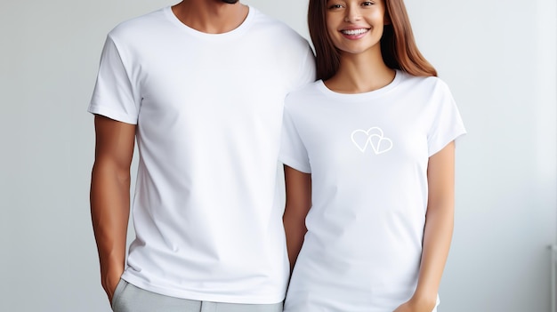 Photo valentines day couples t shirt mockup white t shirt in a clean backdrop generative ai