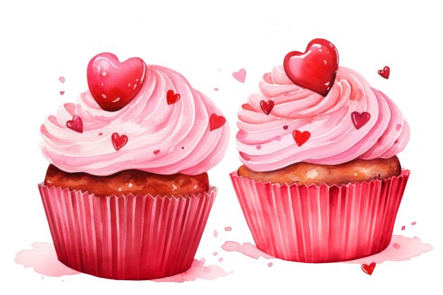 발렌타인 데이 컵케이크는 색 배경에 고립된 은 심장을 장식했습니다.