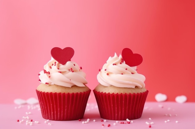 Valentines day cupcakes decorated red hearts on pink background generative ai