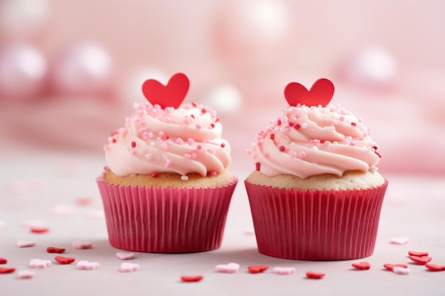 バレンタインデーのカップケーキはピンクの背景に赤いハートを飾っています