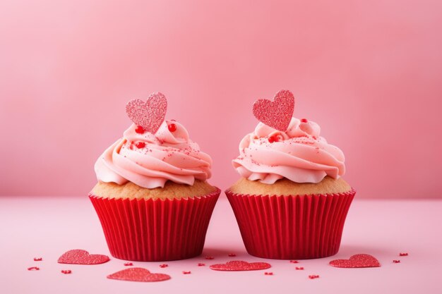 バレンタインデーのカップケーキはピンクの背景に赤いハートを飾っています