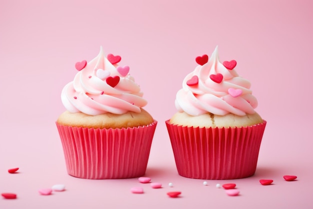 Valentines Day cupcakes decorated red hearts on pink background Generative AI