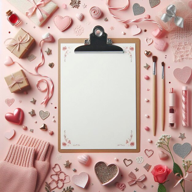 Valentines day cute background mockup with decorative love hearts top view scene