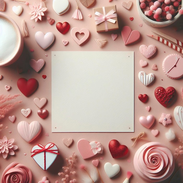 Valentines day cute background mockup with decorative love hearts top view scene