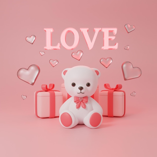 valentines day cute bear gives hearts and the inscription love 3d rendering on a pink