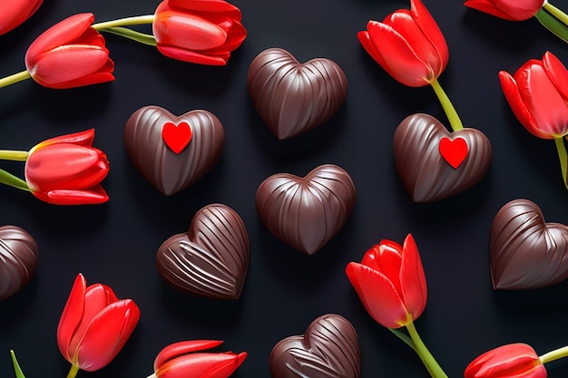 День Святого Валентина темный фон Шоколадные сердечки и красные тюльпаны Копирование пространства Любовь и концепция