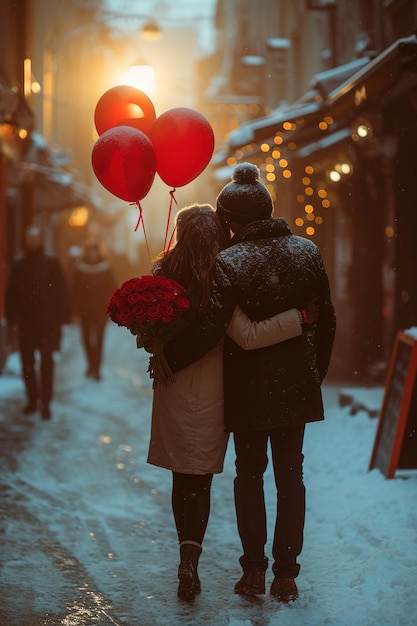 Фото Свадьба на день святого валентина молодая стильная влюбленная пара гуляет по зимнему городу