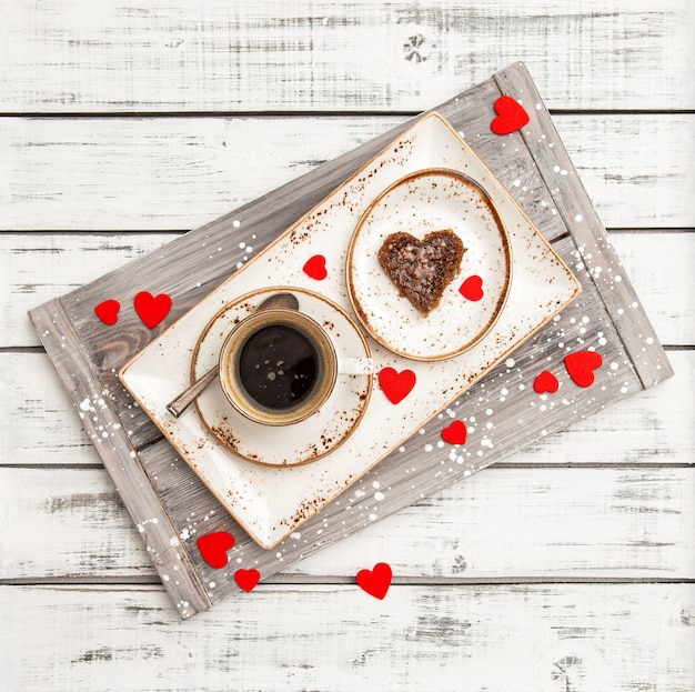 Valentines Day decoration red hearts Romantic breakfast coffee