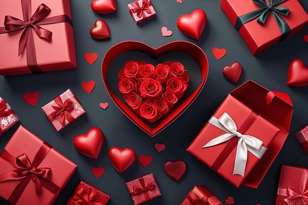 Valentines day designRealistic red gifts boxesgift box full of festive objectHoliday web poster