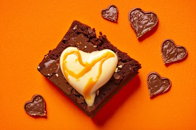 Valentines day dessert brownies with heart on orange background created with generative ai