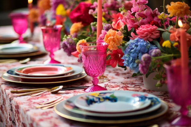 Valentines day gathering table with runners vibrant blooms and dinnerware Elegant table setting Generative AI illustration