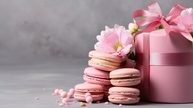 발렌타인 데이 선물: 활과 마카론이 있는 상자 2월 14일 클로즈업