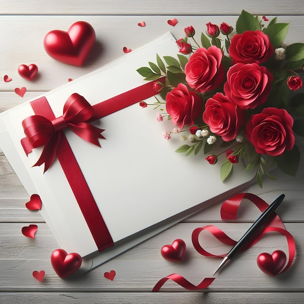 valentines day gift card with red roses bouquet on white wood table