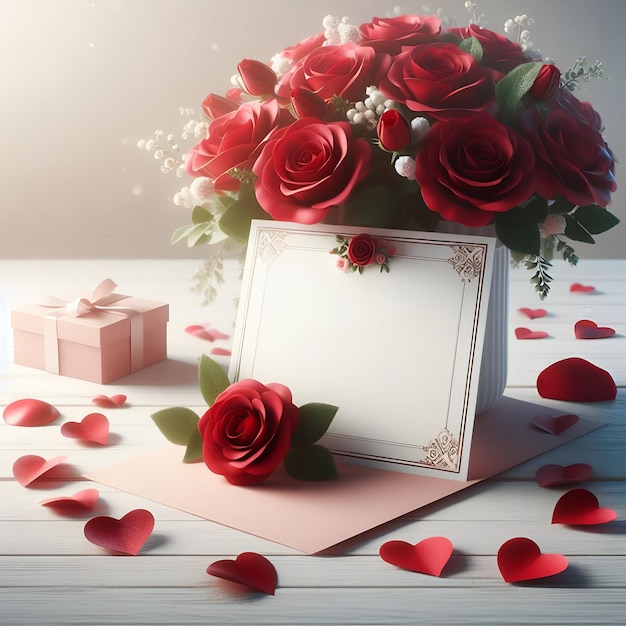 valentines day gift card with red roses bouquet on white wood table