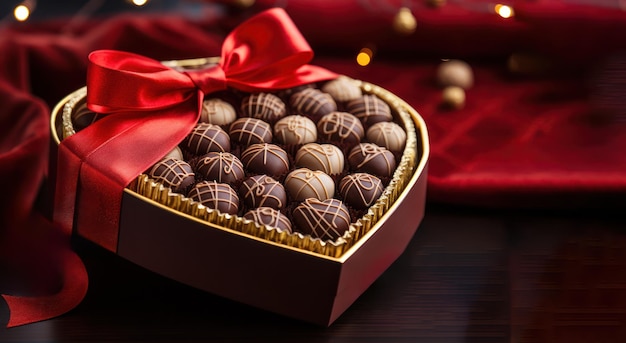 Valentines day gift chocolates in a heart shape box with red ribbon bow closeup above view