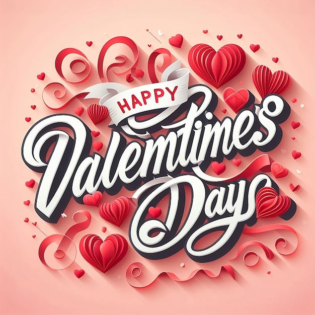 Valentines Day greeting card Valentine day background with red hearts and typography