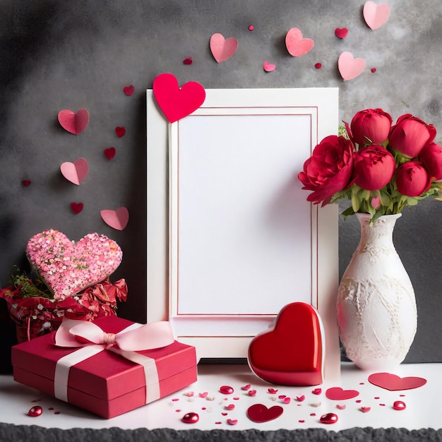 写真 バレンタインデー プレゼントカード 白いフレーム 赤いハート プレゼントボックス ブラックの花瓶の花